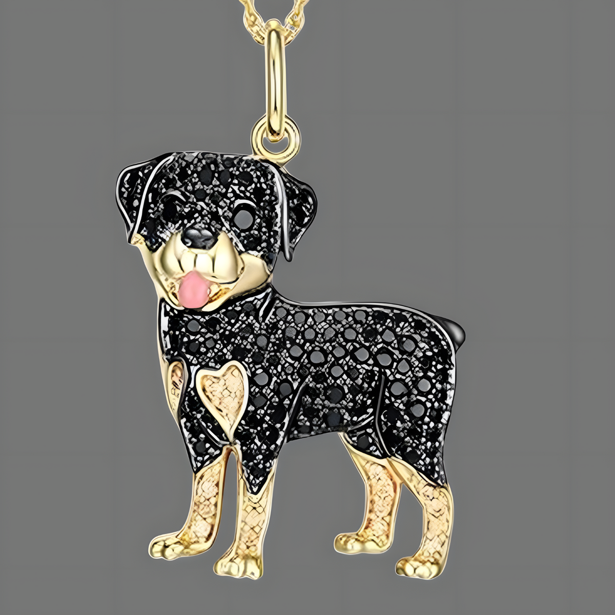 Rottweiler Dog Pendant Necklace Women Gold Tone Look Black Crystal Animal B247