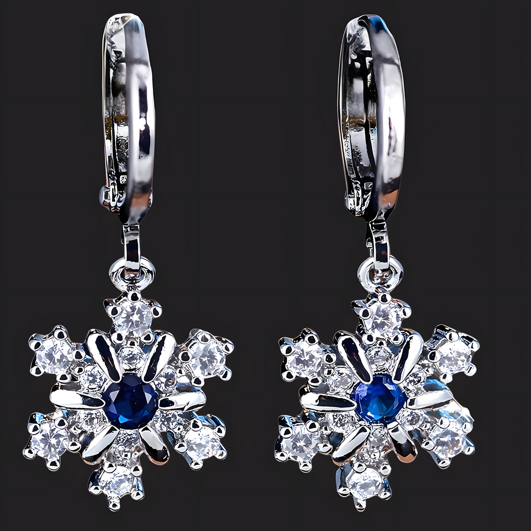 Women's Dangle Hoop Earrings, Blue Zircon Snowflake Drop, Silver Color 665