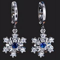 Women's Dangle Hoop Earrings, Blue Zircon Snowflake Drop, Silver Color 665