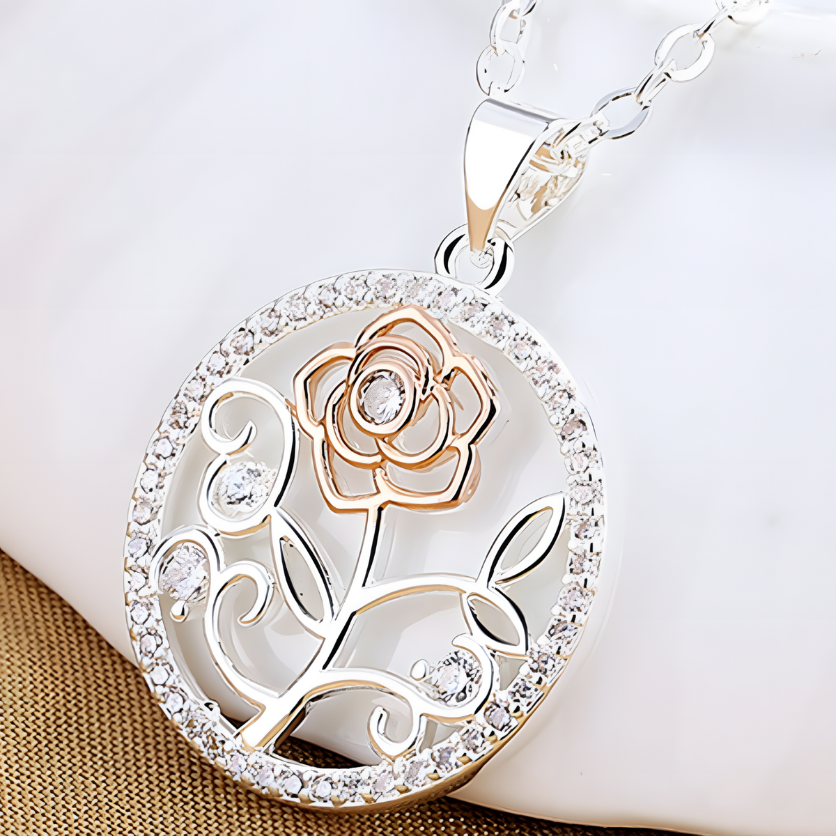 Elegant Rose Flower Diamond Pendant Necklace - Silver Tone Rose Gold Accent B84