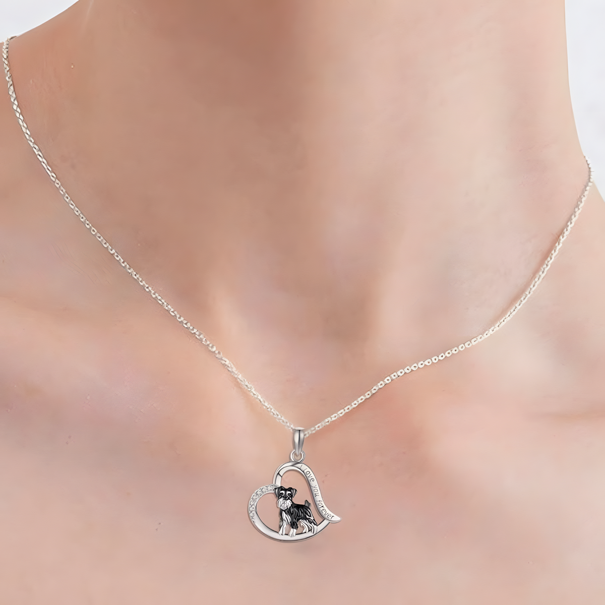 Silver Plated Schnauzer Dog Heart Pendant Necklace 45cm Chain Love Dog 1252