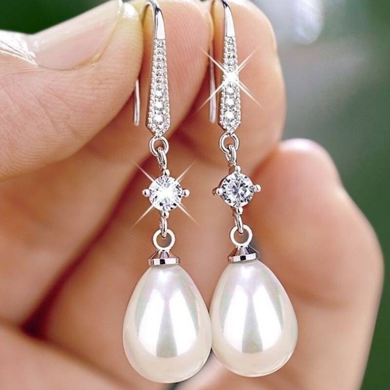 Unified Jewellery® - Women's 925 Silver Plated Faux Pearl & Zircon Dangle 10 UK