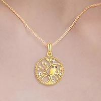 Round Gold Tone Owl Pendant Necklace – Metal Tree Of Life Design Crystal 1076
