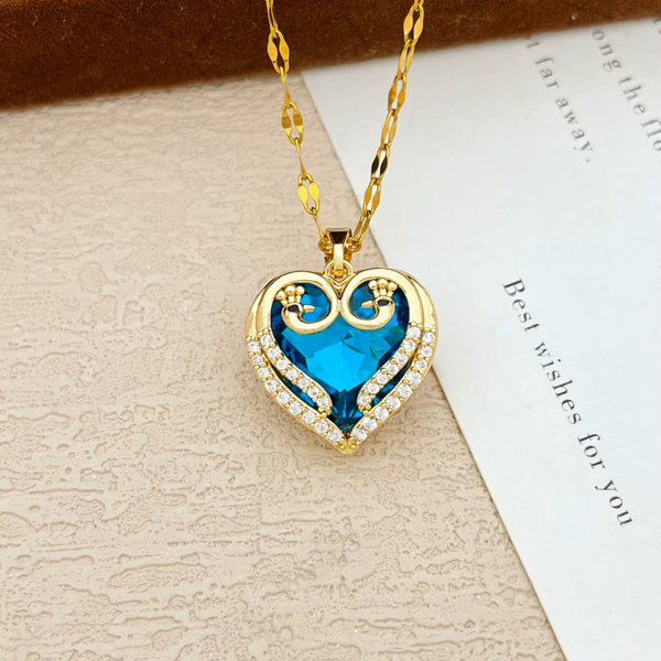 18K Gold Inlaid Cubic Zirconia Heart Pendant Necklace Blue Crystal Heart 1309