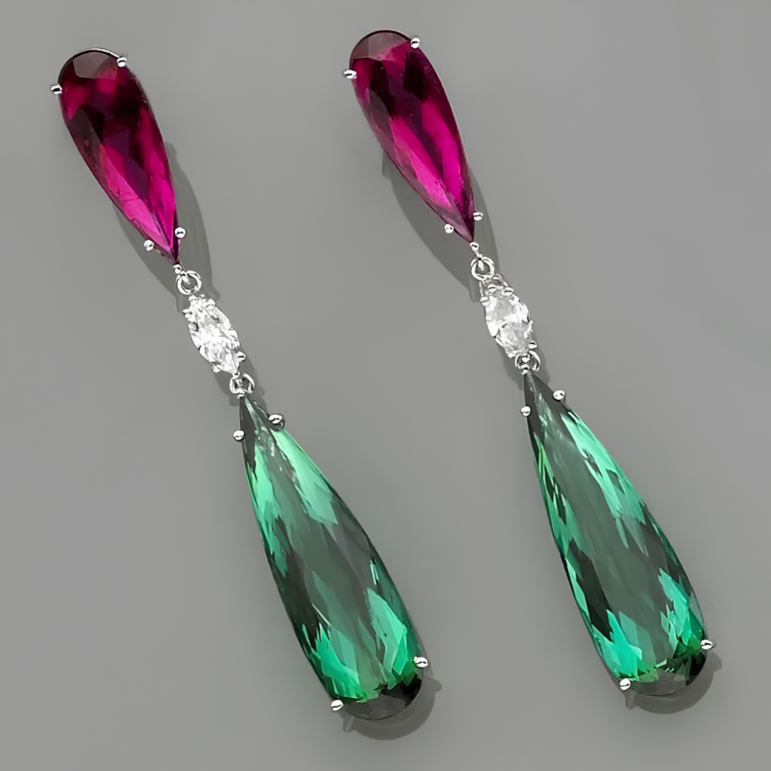 Unified Jewellery Premium Green Magenta Crystal Long Drop Earrings Women 1847