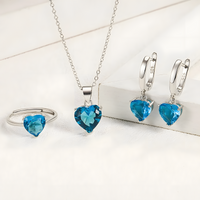 925 Sterling Silver Blue Heart Crystal Necklace Earrings Ring Set B31