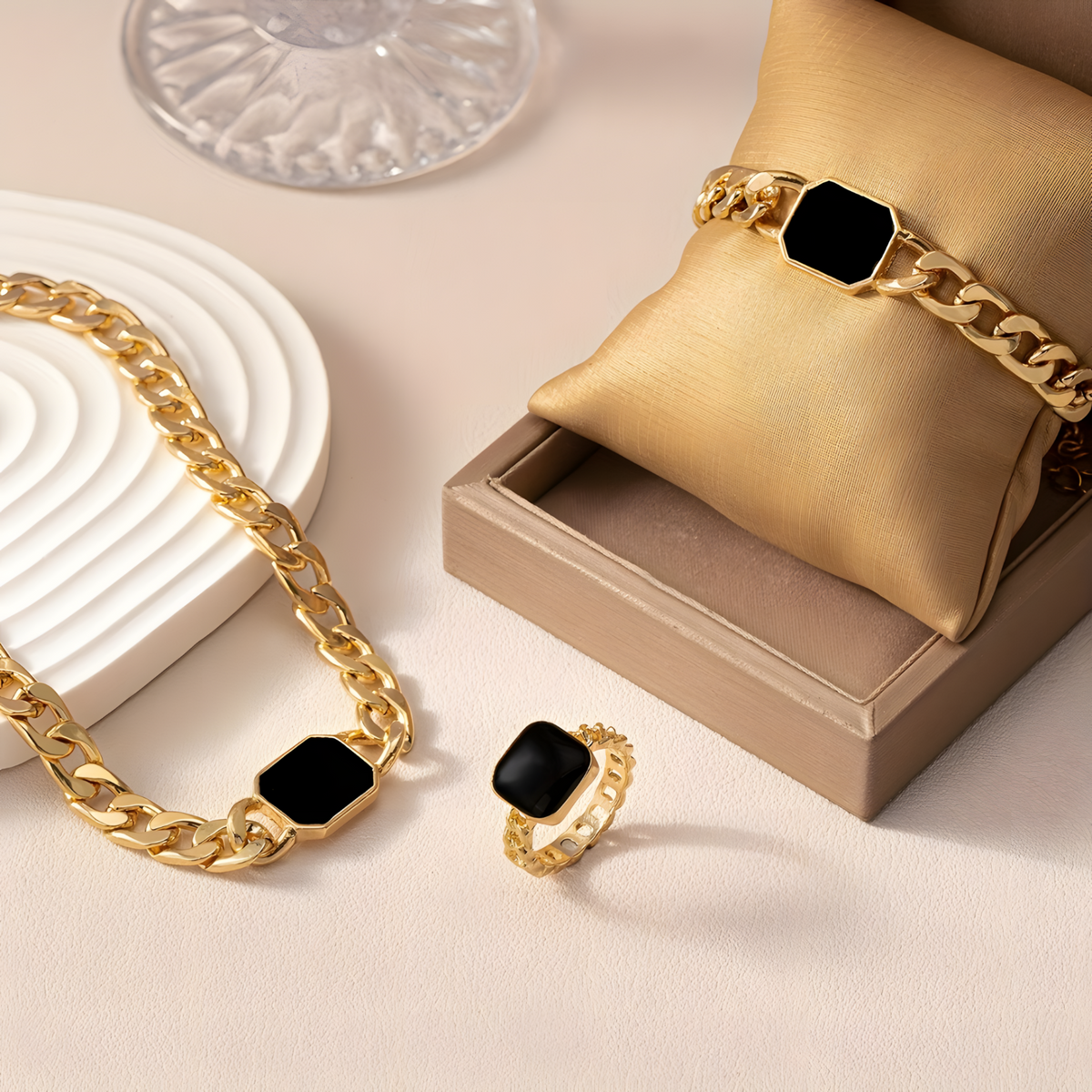 3-Piece Gold Colour Jewellery Set Chain Necklace, Bracelet & Adjustable Ring 728