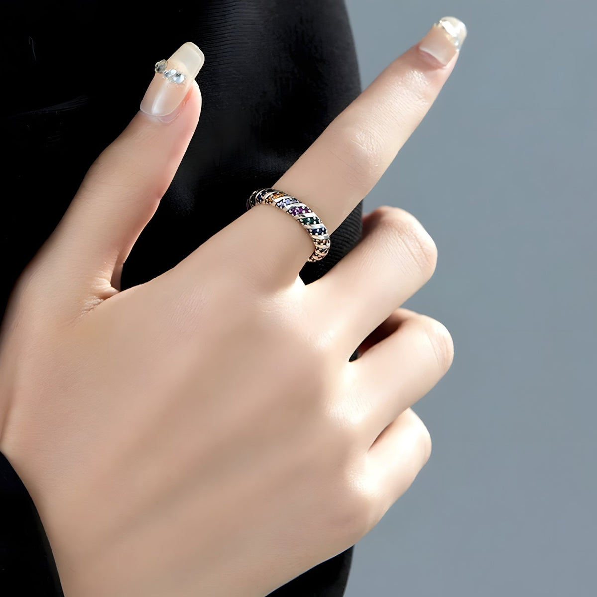 925 Sterling Silver Adjustable Ring, Colorful CZ Stone Ring, Twisted Rope 374