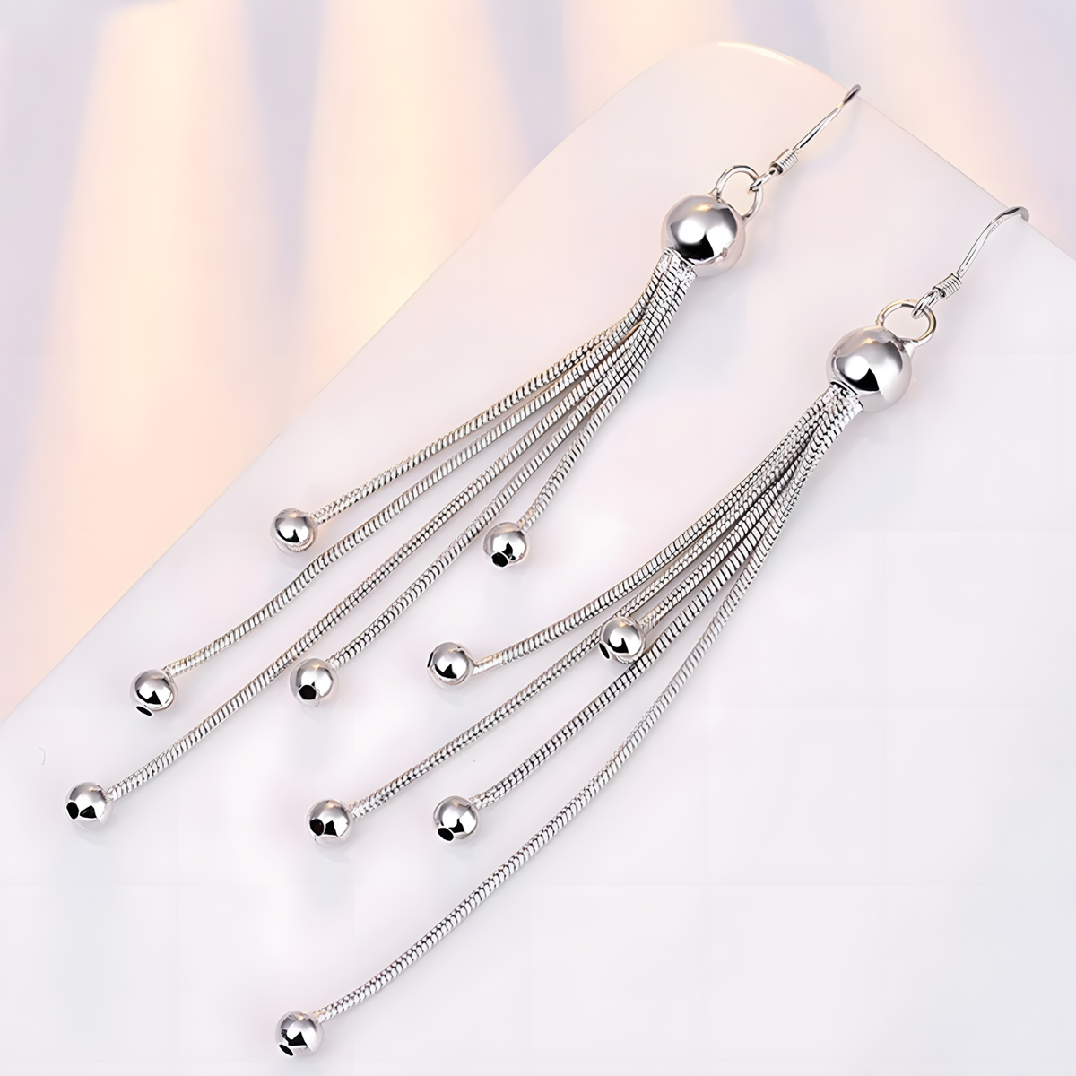 925 Sterling Silver Multi-Layered Long Chain Drop Earrings with Ball Beads 327
