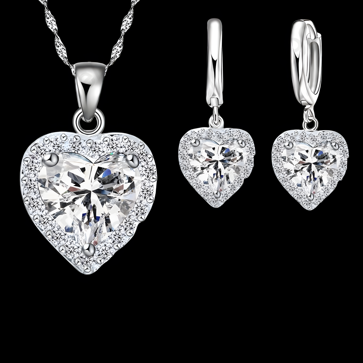 Heart Halo Necklace & Earrings Set -Sparkling Heart Pendant with Halo Cubic 1485