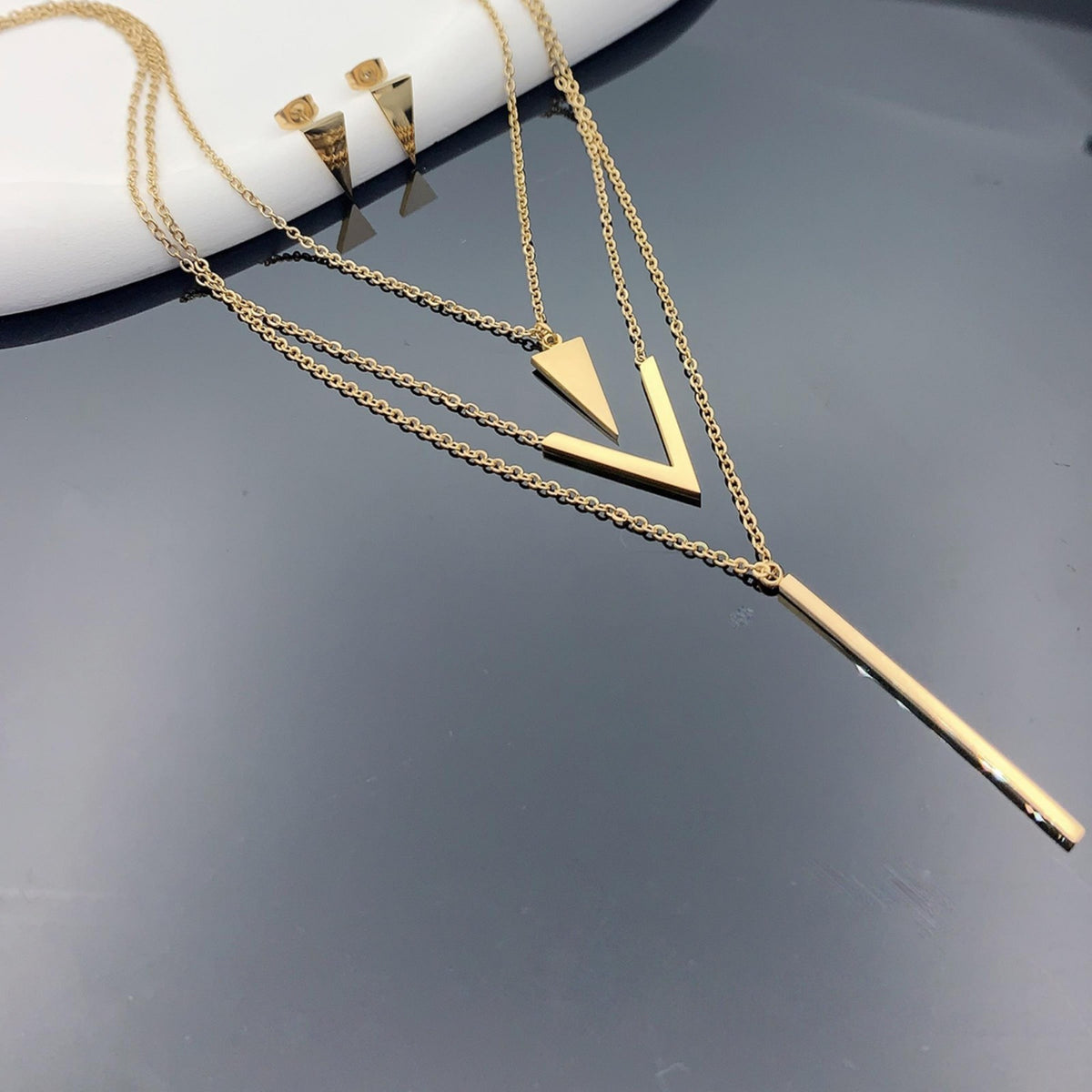 Multi-Layer V Shape Pendant with Matching Triangle Studs, Fashion Jewellery 732