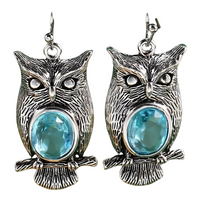 Vintage Silver Owl Dangle Earrings for Women Blue Stone Accent Hook Closure B52
