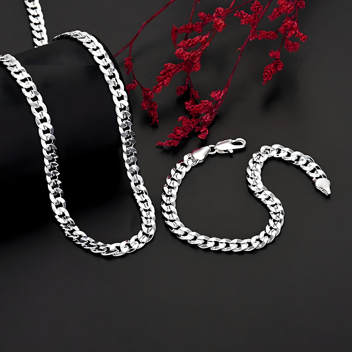 Elegant Sterling Silver Braided Link Chain Bracelet and Necklace Set Classic 429