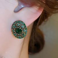 Vintage Green Crystal Oval Stud Earrings For Women Gold-Plated Copper 1462