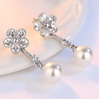 925 Silver-Plated Alloy Pearl Drop Earrings for Women – Flower CZ Crystal 996