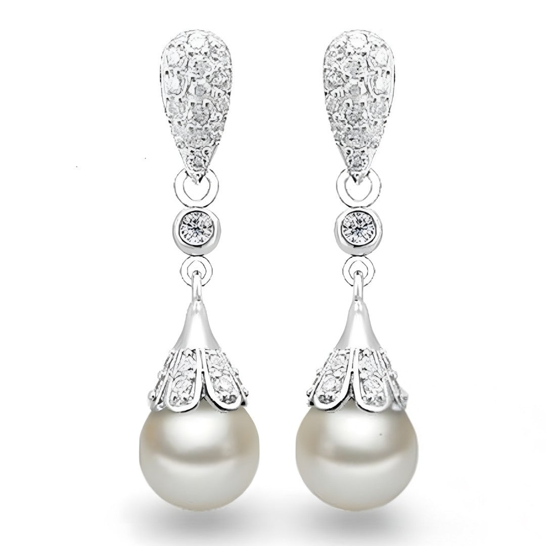Women’s Silver-Plated Drop Earrings Sparkling Cubic Zirconia & Pearl 908