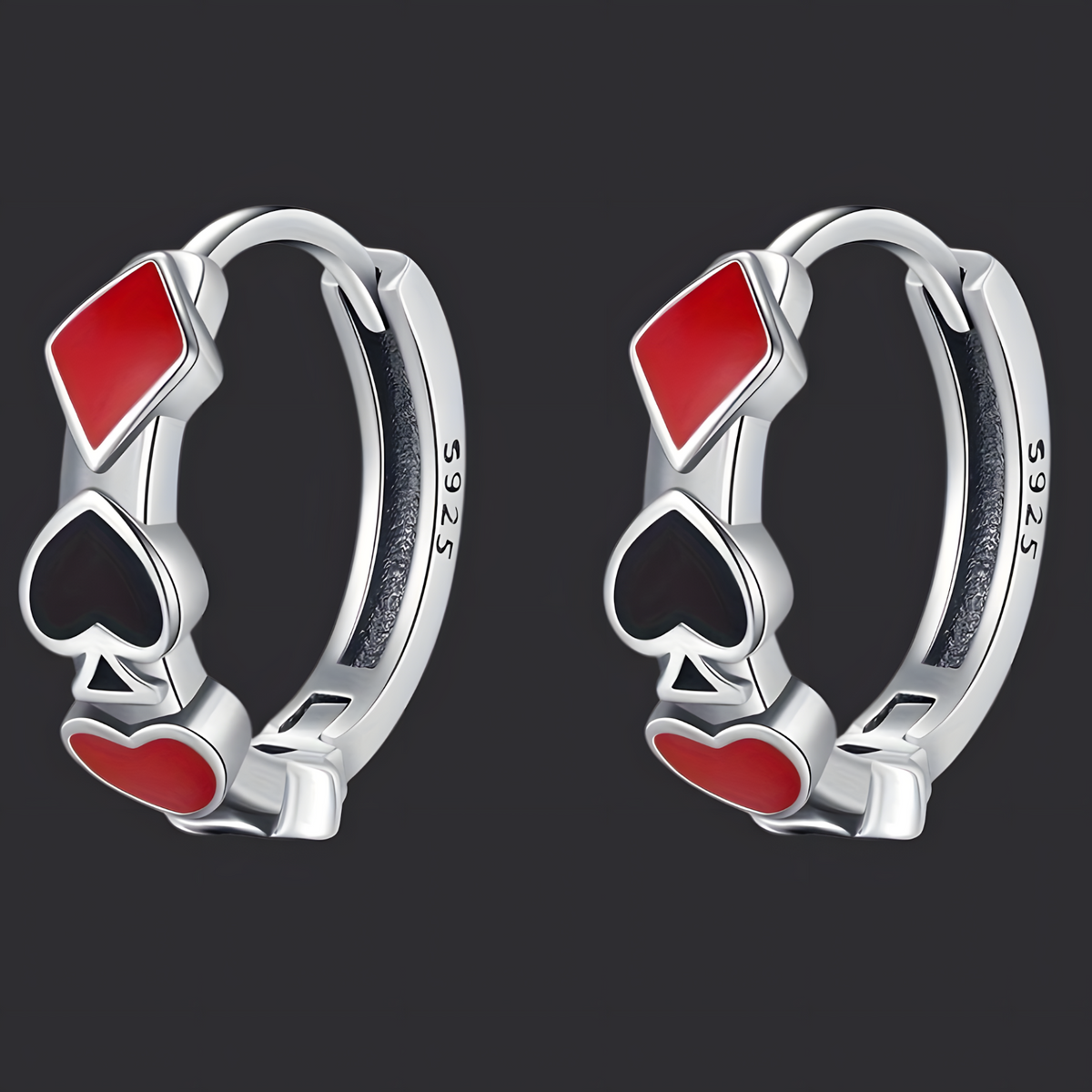 925 Sterling Silver Heart & Spade Hoop Earrings Women Red & Black Enamel 837