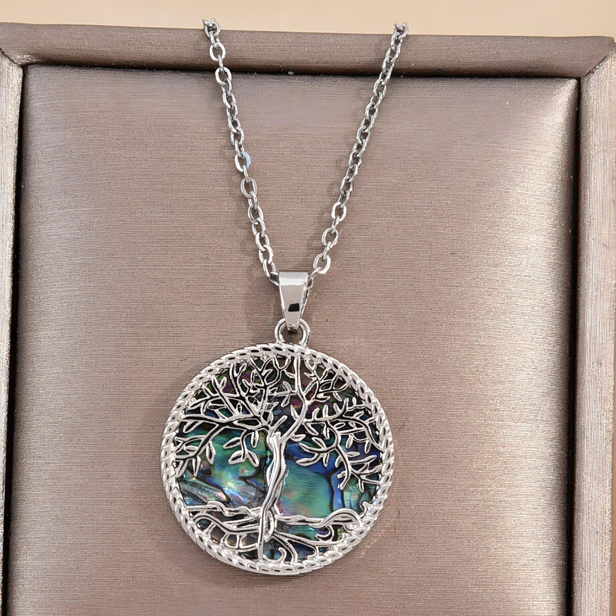 Women's Abalone Shell Tree of Life Necklace, Aurora Iridescent Pendant B129