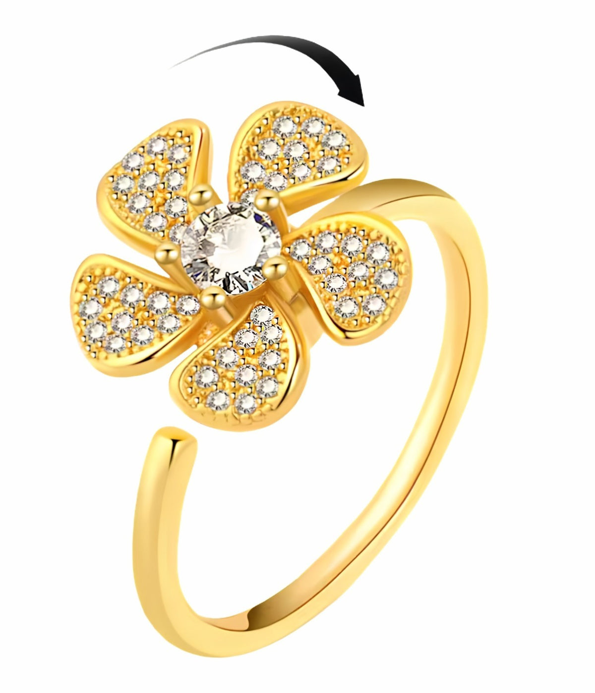 Rotatable Flower Spinner Ring Adjustable Open Band Floral Fidget Ring Gold 1587