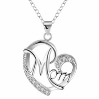 Mom Heart Pendant Necklace Silver Plated Link Chain Cubic Zirconia Micro 1359