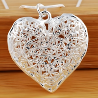 Filigree Heart Pendant Necklace for Women – Silver Plated Alloy Floral Cut 1101