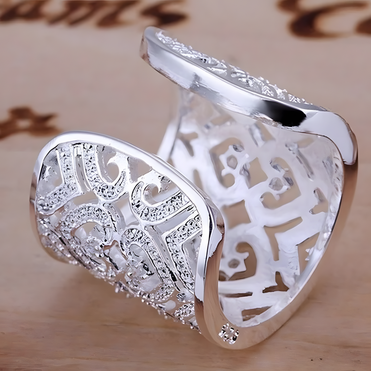 Silver Plated Alloy Wide Filigree Open Cuff Ring Women, Adjustable Resize 1195