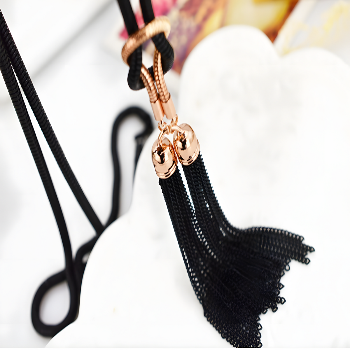 Black Mesh Sweater Chain Necklace with Gold-Plated Tassel Pendant-72cm Long 1448