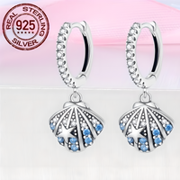 S925 Sterling Silver Blue Sea Shell Earrings for Women Real Zircon Starfish 828