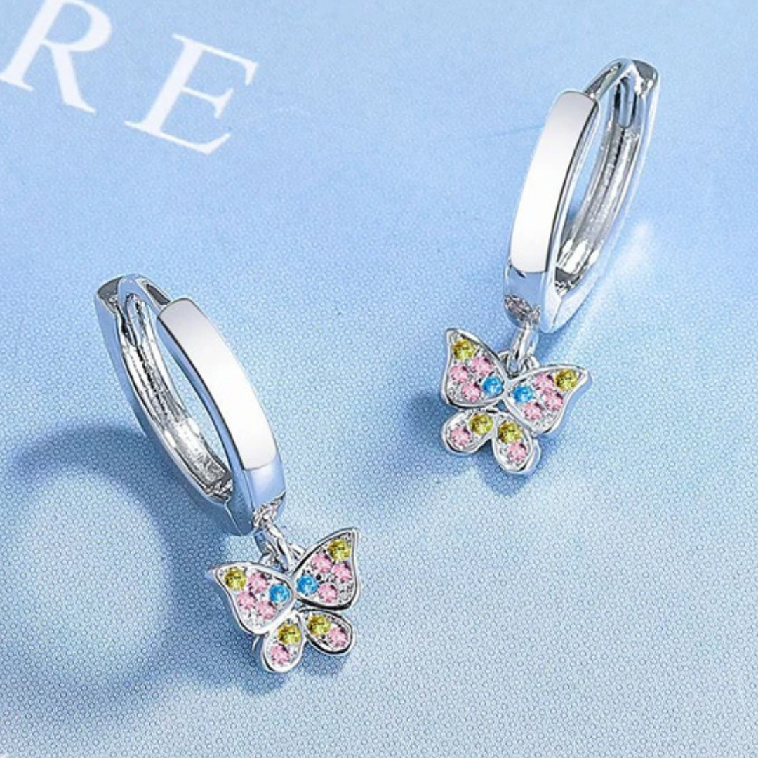 Sterling Silver Butterfly Drop Earrings –22mm Length Colorful Zircon Crystal 299