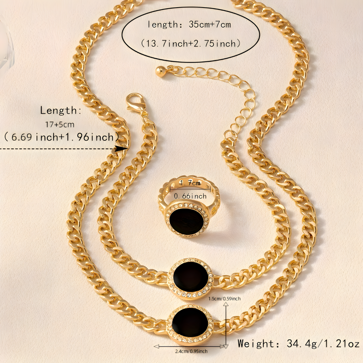 Black Round Pendant Gold Chain Necklace Bracelet Ring Set – Elegant 3-Piece 685