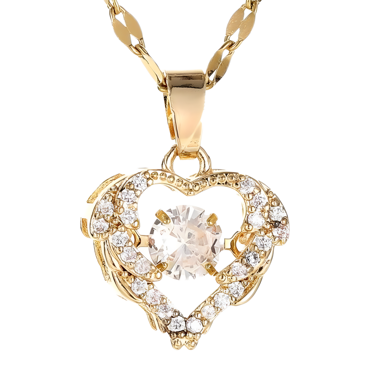 Gold Tone Stainless Steel Heart Pendant Necklace Women Sparkling Clear Stone B49