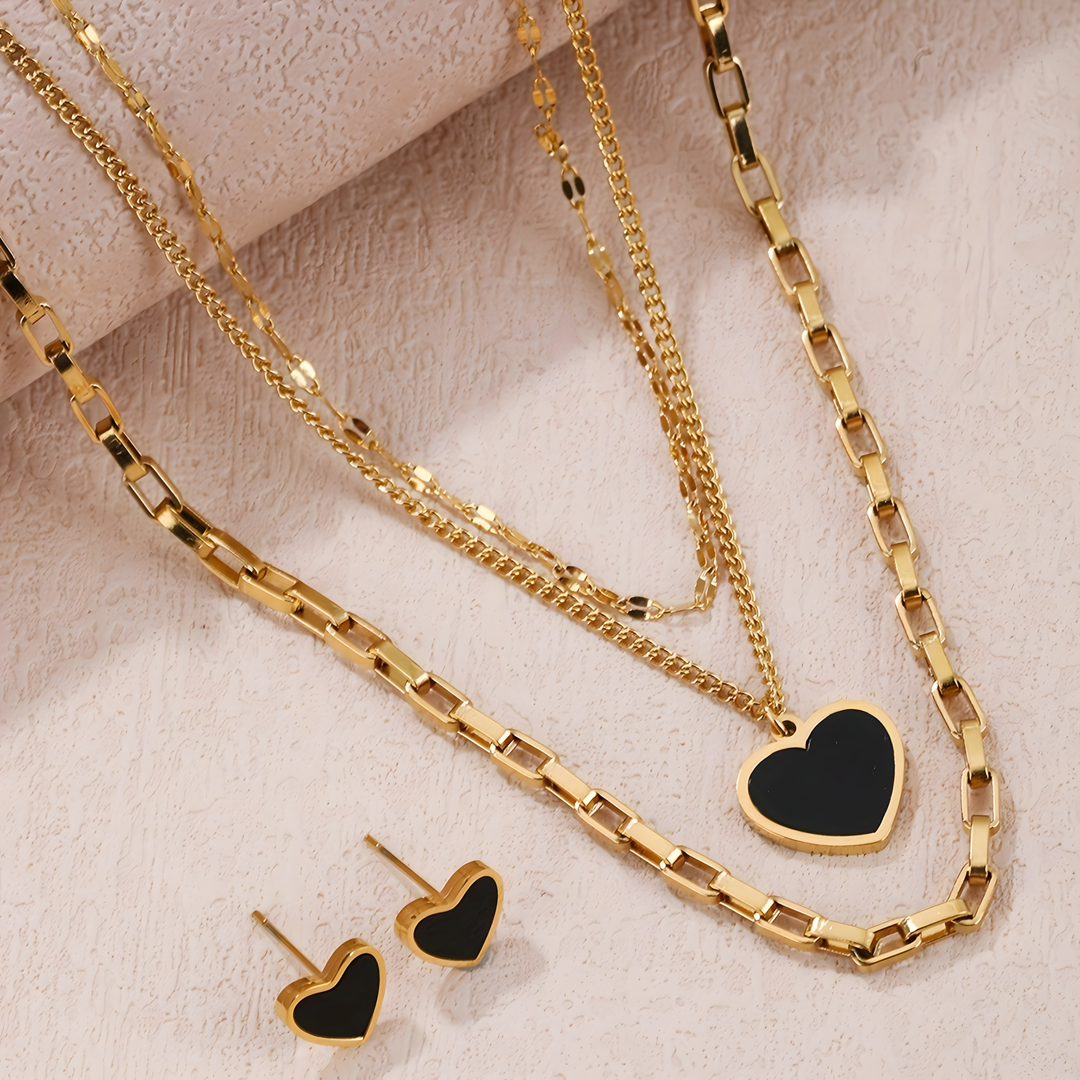 3PCS Stainless Steel Black Heart Necklace Earrings Set MultiLayer Gold Chain 718