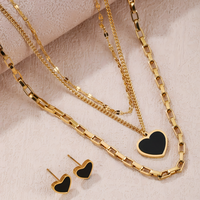 3PCS Stainless Steel Black Heart Necklace Earrings Set MultiLayer Gold Chain 718