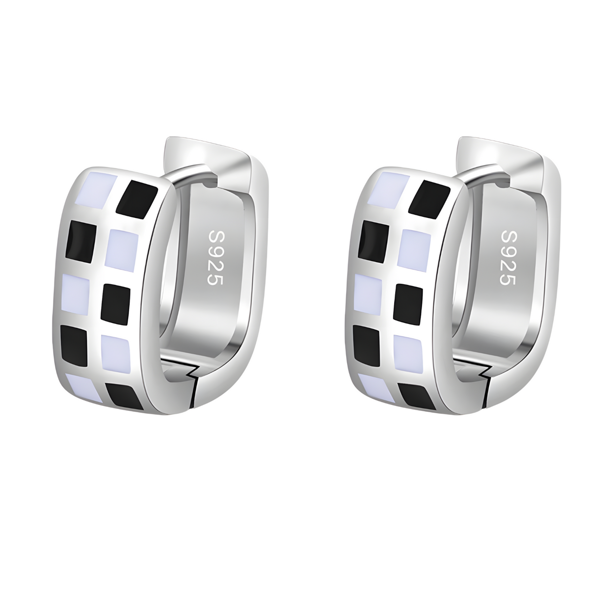 925 Silver-Plated Checkered Hoop Earrings for Women – Black & White Enamel 945