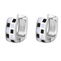 925 Silver-Plated Checkered Hoop Earrings for Women – Black & White Enamel 945