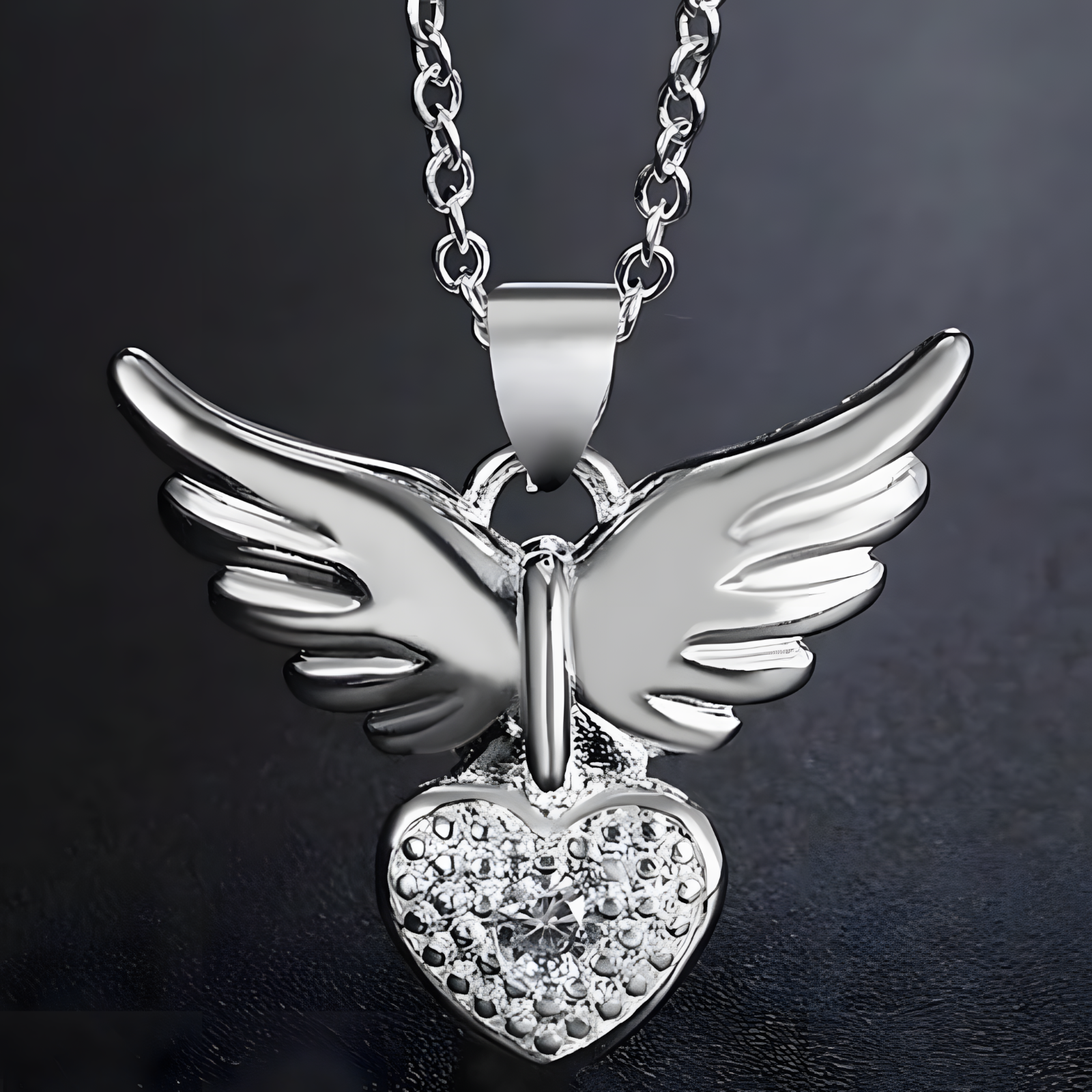 925 Sterling Silver Love Heart Angel Wing Zircon Pendant Necklace B43