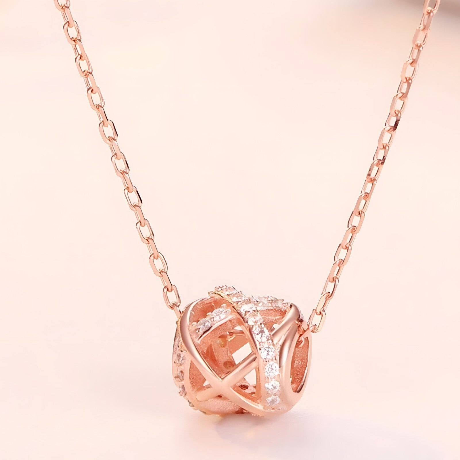 925 Sterling Silver Rose Gold Crisscross Pendant Necklace Elegant Globe 285