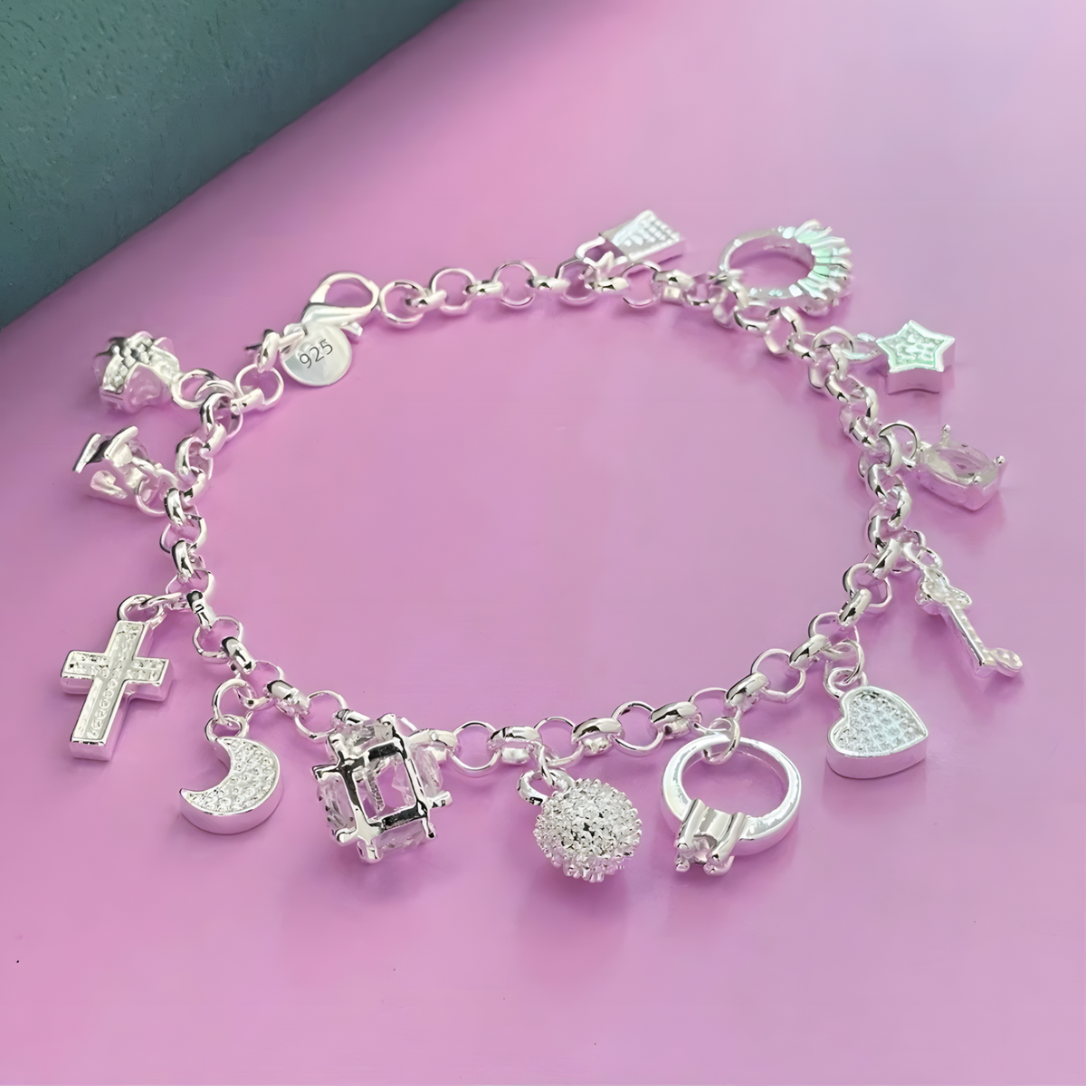 Charm Bracelet For Women With Heart Crown Cross Ring Star Round Link Chain 1762