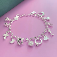 Charm Bracelet For Women With Heart Crown Cross Ring Star Round Link Chain 1762