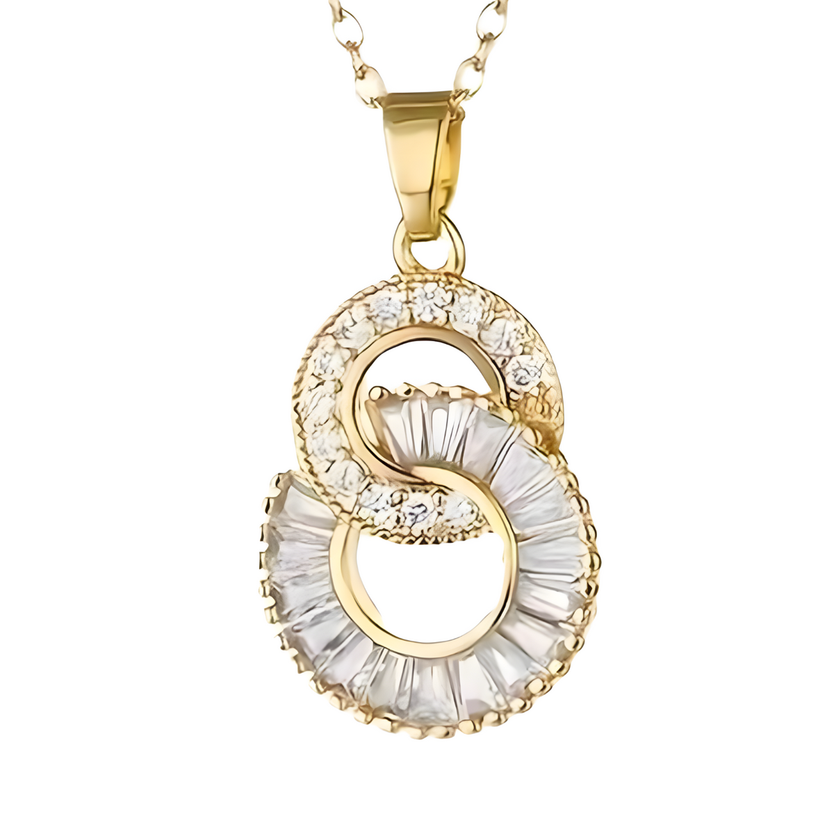 Gold-Tone Crystal Pendant Necklace Women – Round Double Circle Design, Stain 802