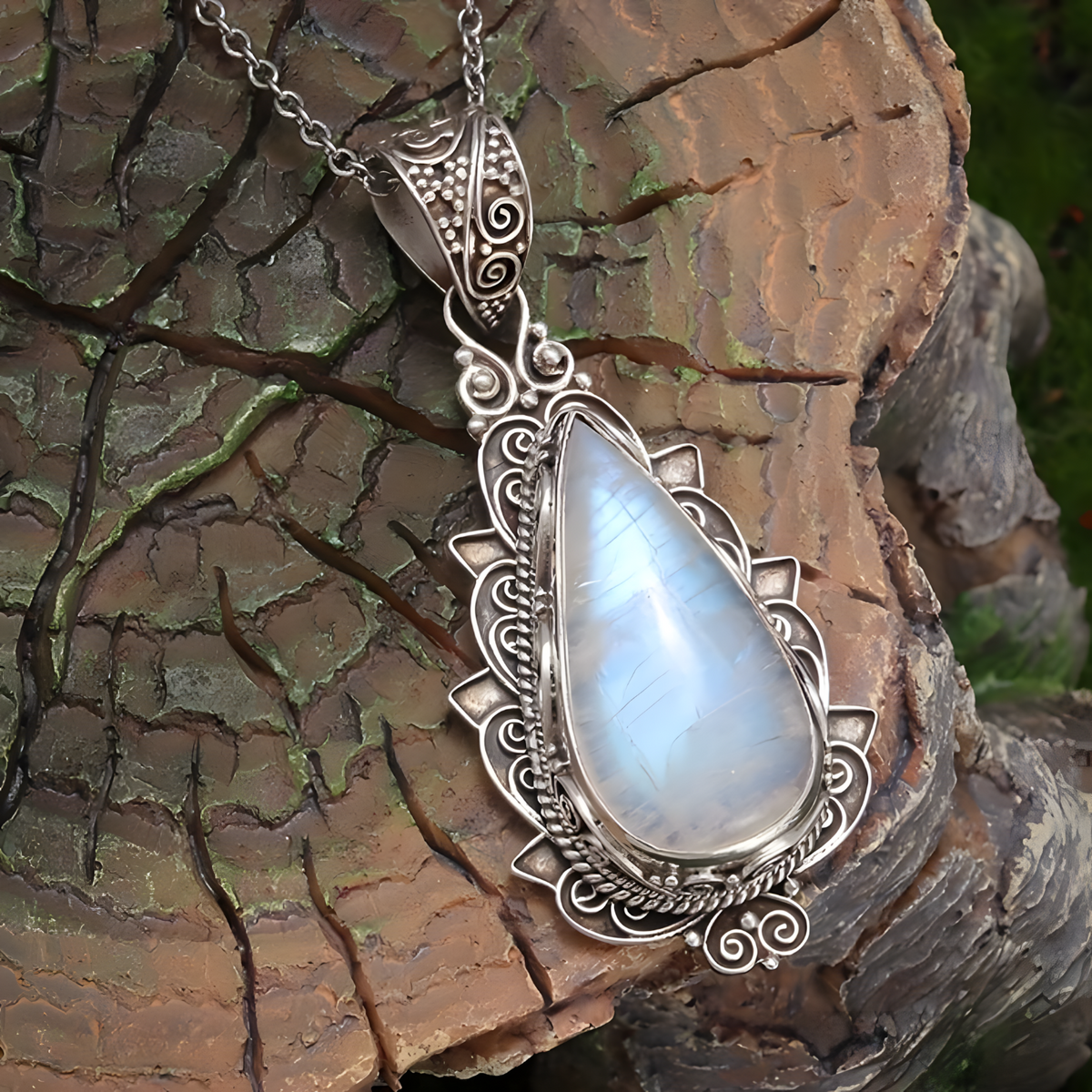 Retro Moonstone Pendant Necklace for Women | Ethnic Style Teardrop Synthetic 561