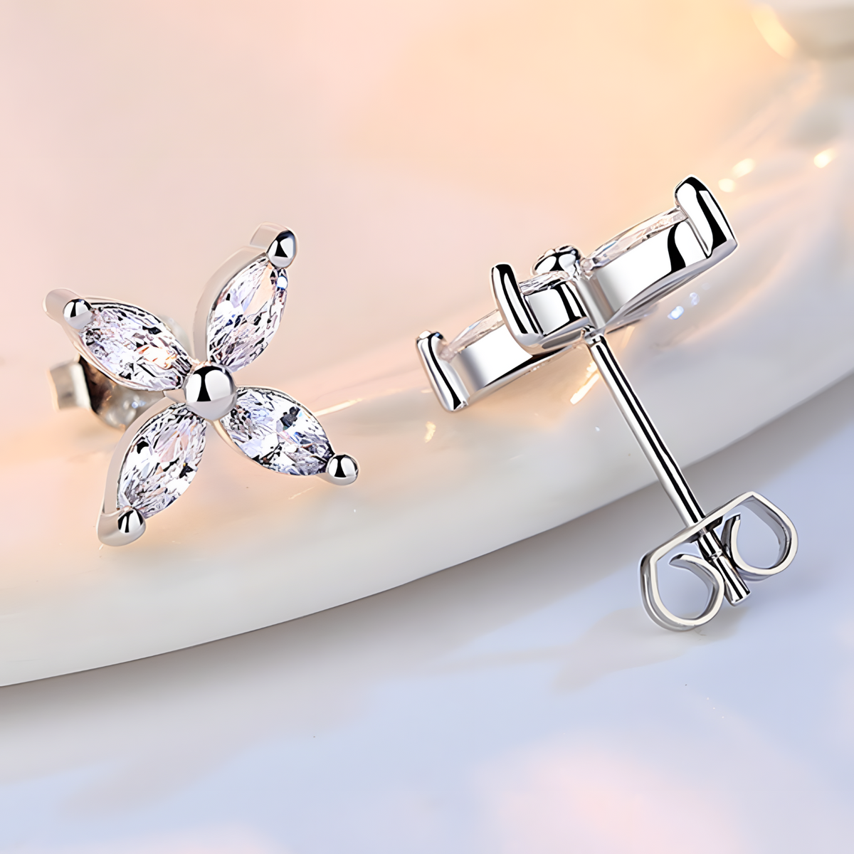 4-Petal Zircon Stud Earrings Women – 925 Silver-Plated Alloy Floral Design 1002
