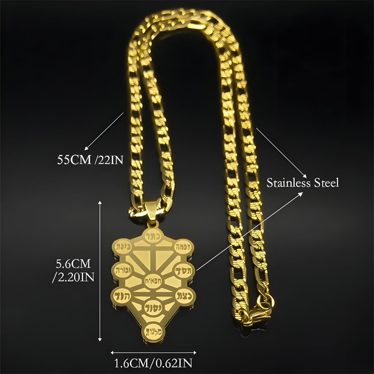 Stainless Steel Gold Kabbalah Sephirot Tree Of Life Hebrew Pendant Necklace 1072