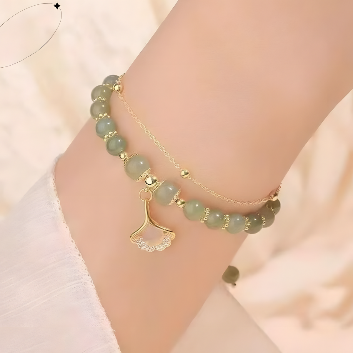 Unified Jewellery Green Beaded Ginkgo Leaf Charm Layered Bracelet 1900