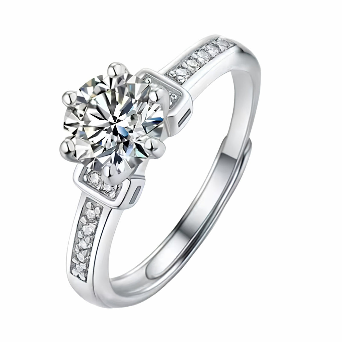 Adjustable Round Brilliant Zircon Engagement Ring, Silver Tone Solitaire 1608