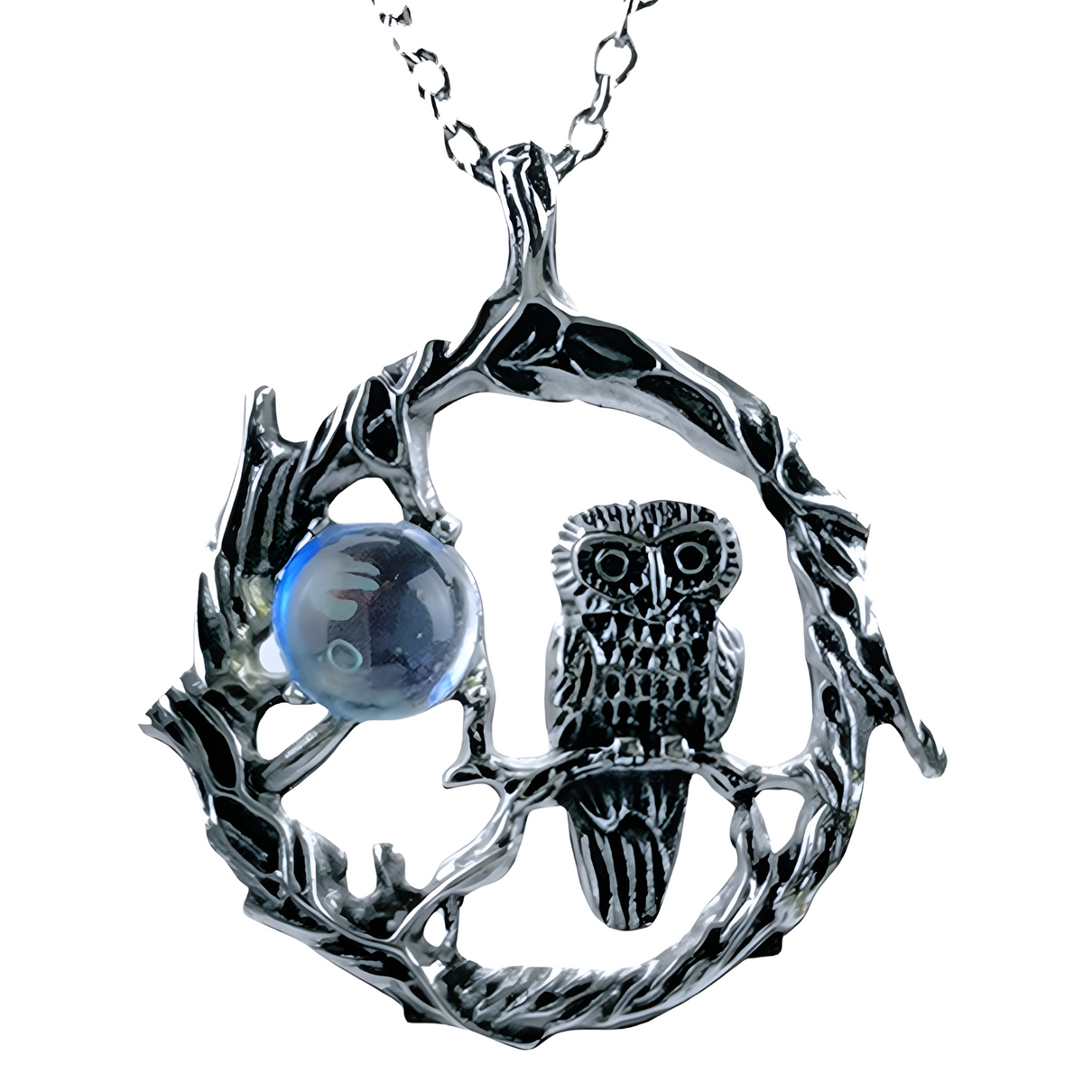 Zinc Alloy Natural Stone Owl Necklace for Women – Silver Tone Crescent Moon 1091