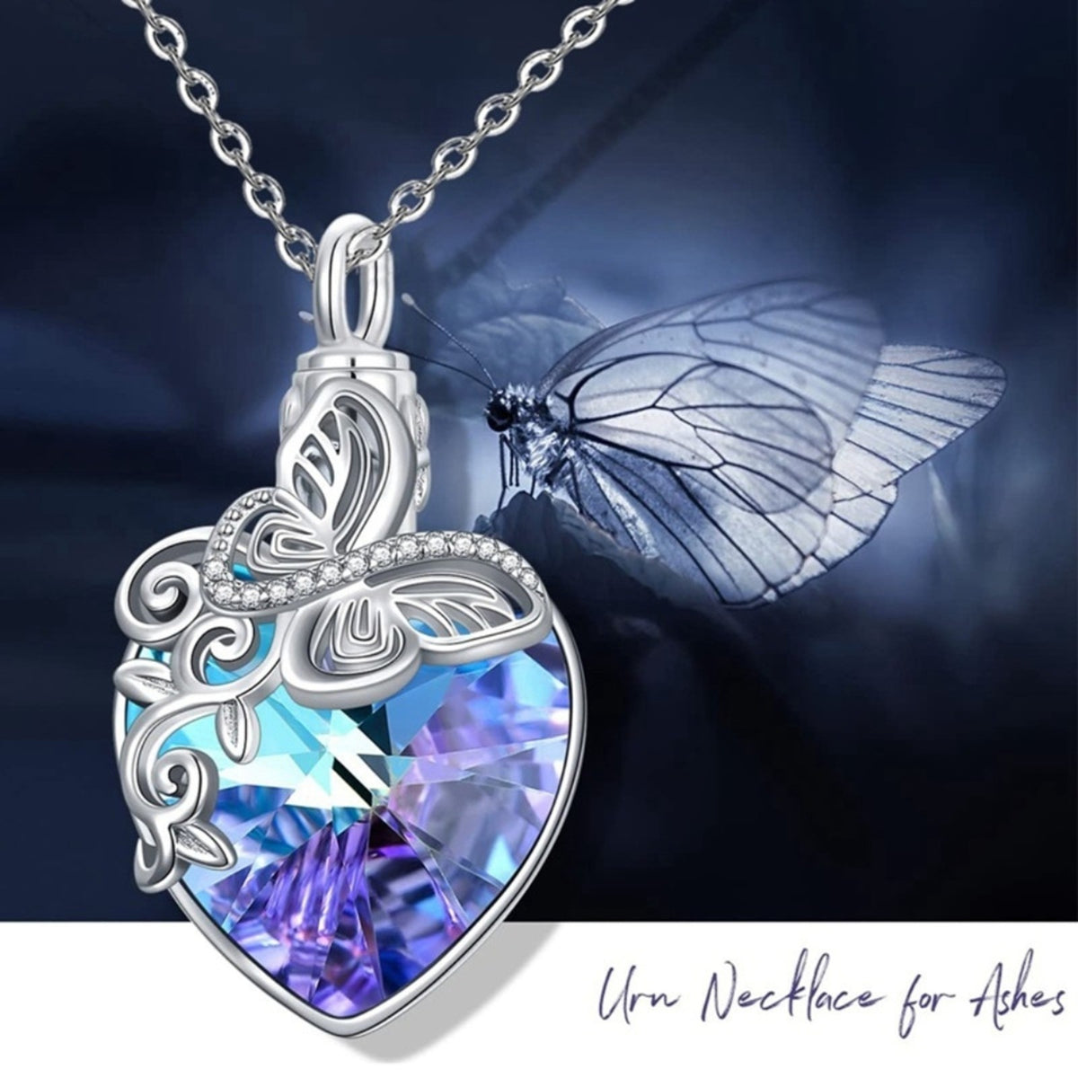 Butterfly Urn Necklace for Ashes - Crystal Heart Memorial Cremation Jewellry B87