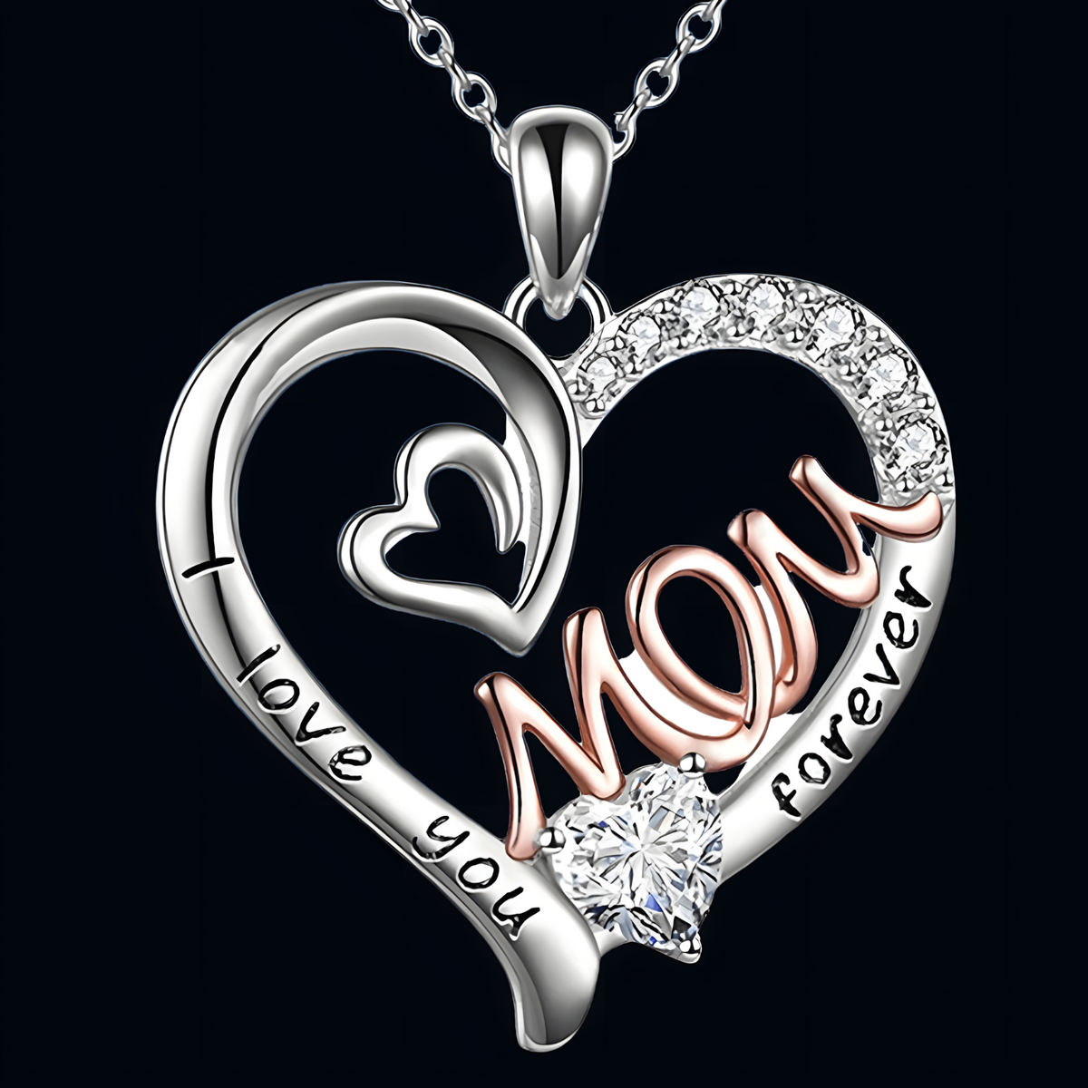 Mom Heart Pendant Necklace Women – Copper Alloy with Silver-Tone & RoseGold 1151