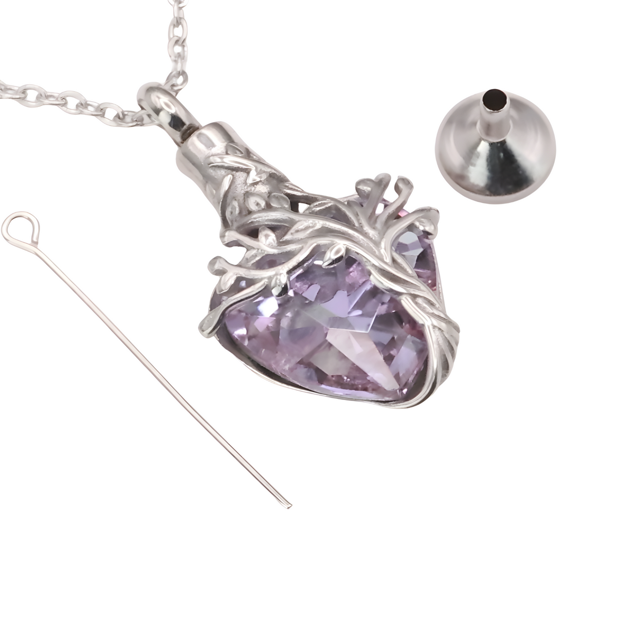Heart Tree of Life Urn Necklace Crystal Funnel Filler 316L Stainless Steel B216