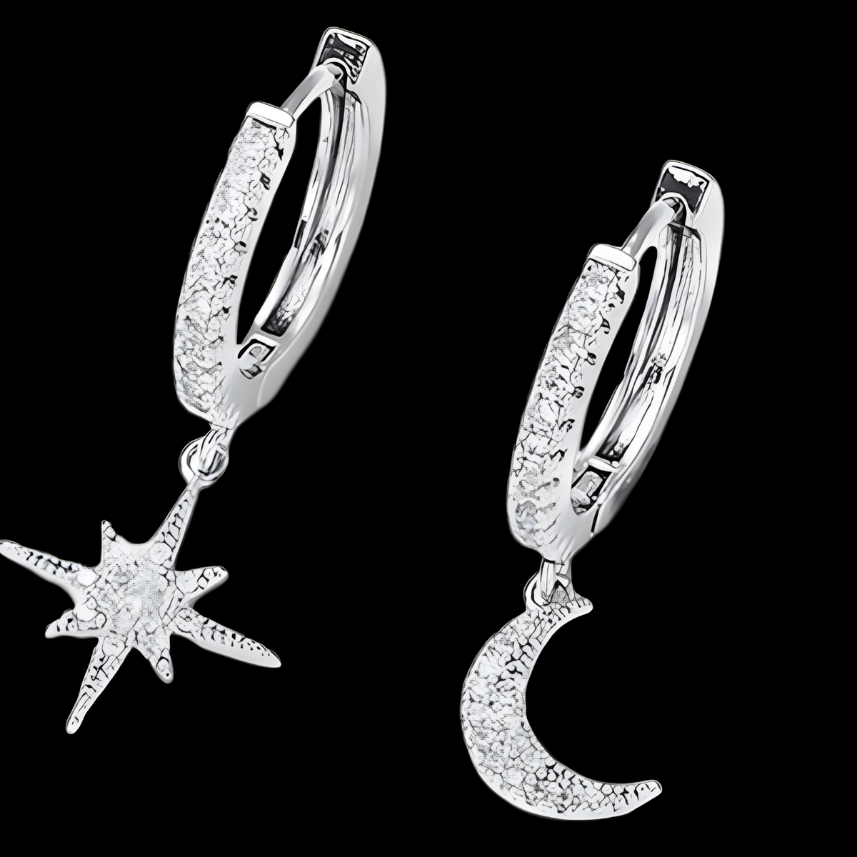 Asymmetric Celestial Hoop Earrings – Moon & Star Charms with Crystal Detail 1128